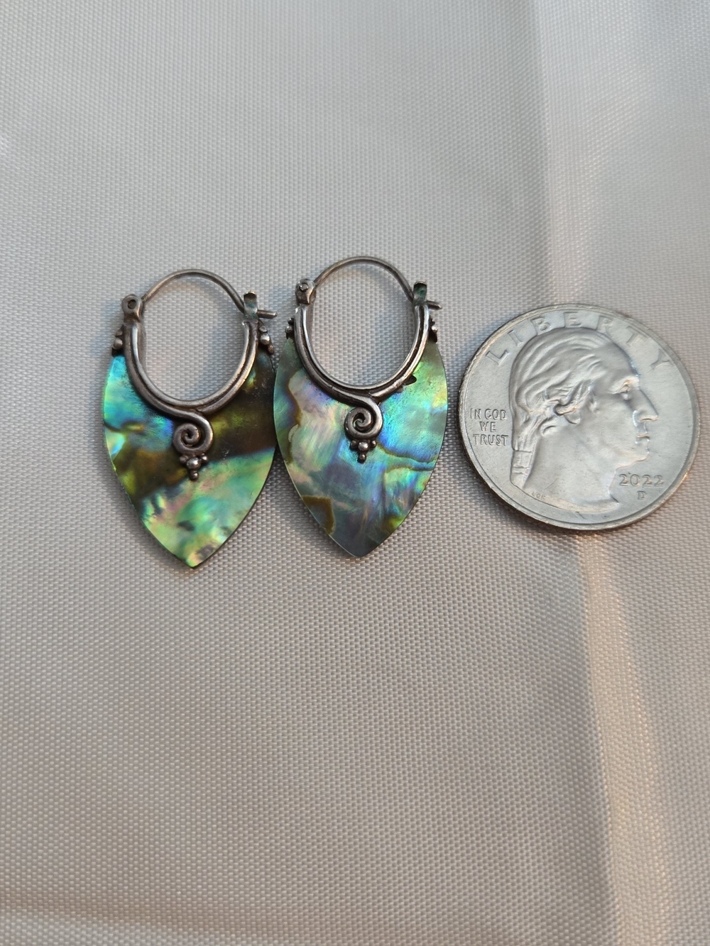 Sterling Silver Abalone Shell Teardrop Hoop Earrings - Iridescent Green - Picture 4 of 4